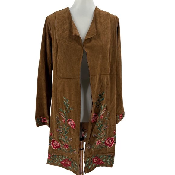 Curations Jackets & Blazers - Curations Embroidered Open Front Suede Feel Jacket S Brown